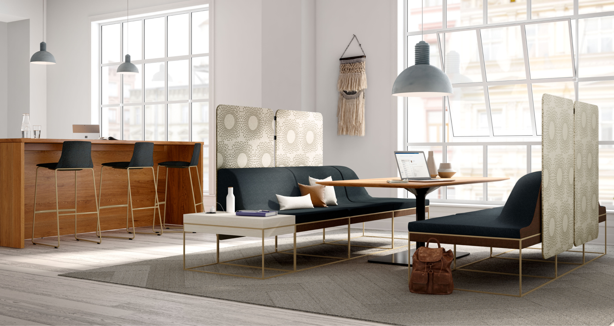 Steelcase lounge area with benches and table