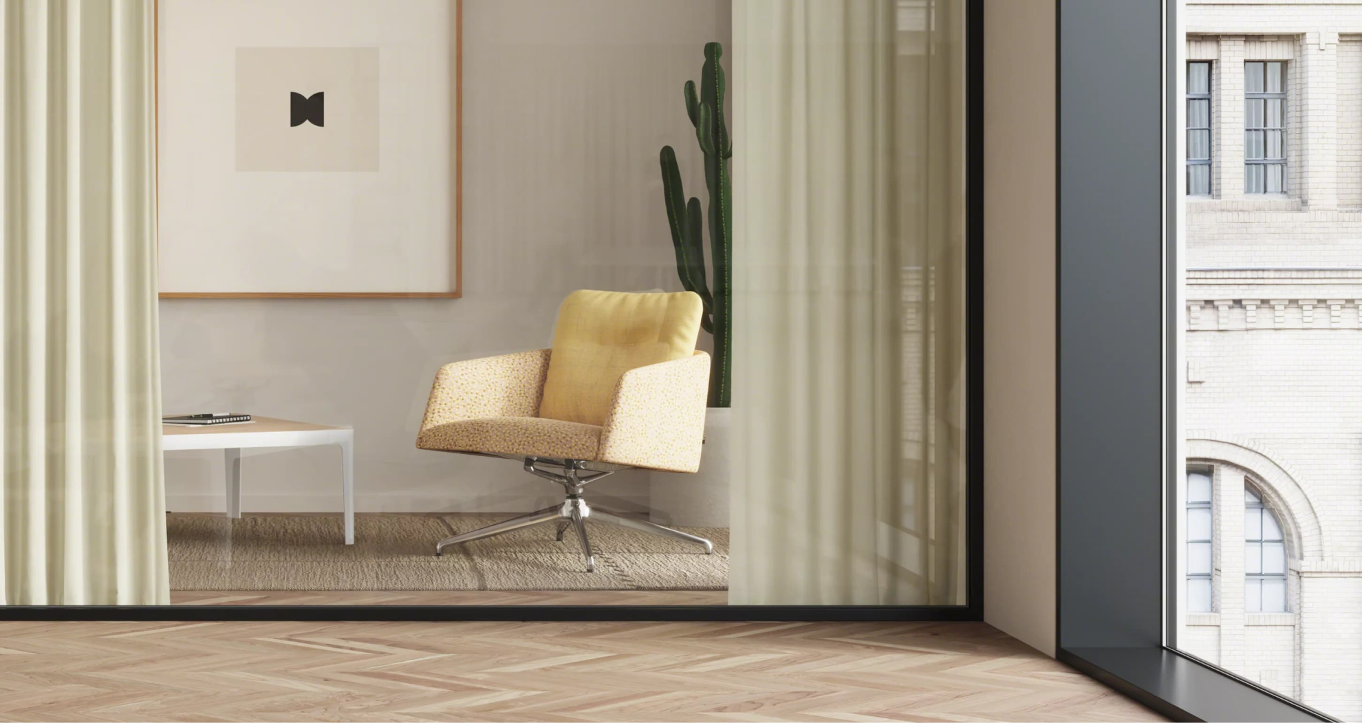 private work area with yellow lounge chair