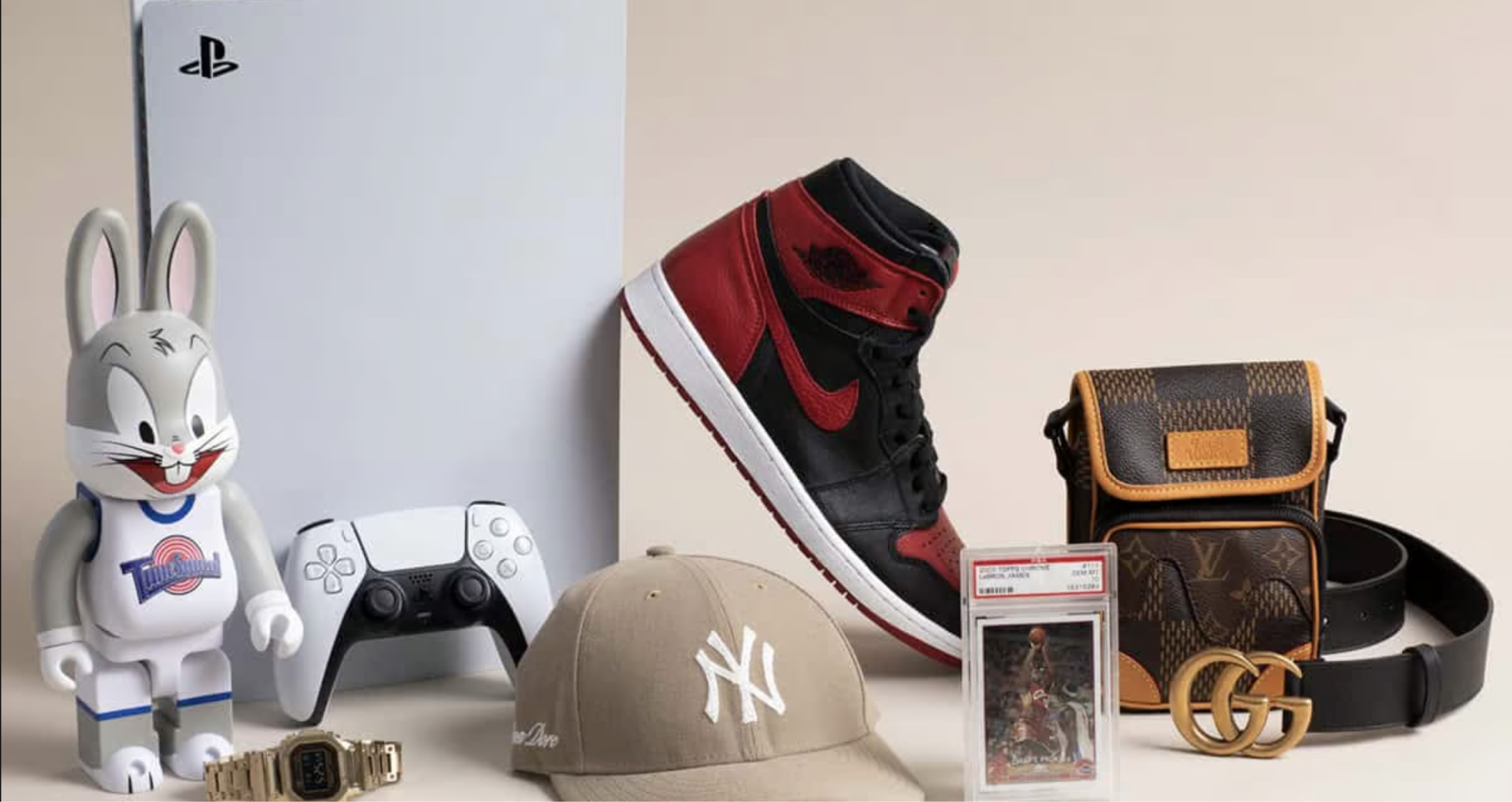 namebrand shoes, hat, video game system, purse, watch, belt, card